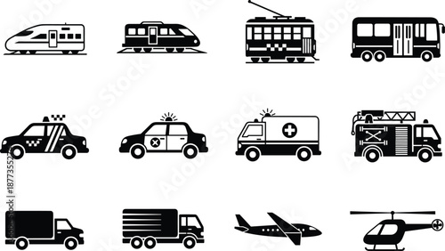 Transportation vehicle icons set, train tram bus taxi police ambulance fire truck airplane helicopter, delivery and emergency transport vector collection isolated
