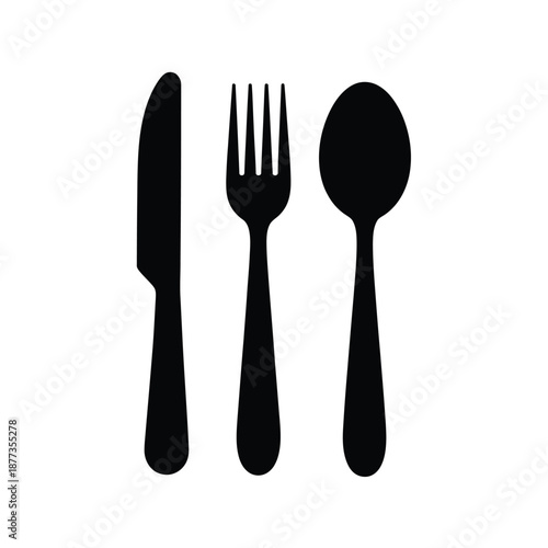 black silhouettes of a knife fork and spoon on white background