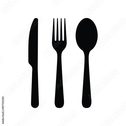 Simple black silhouettes of a knife fork and spoon on white background