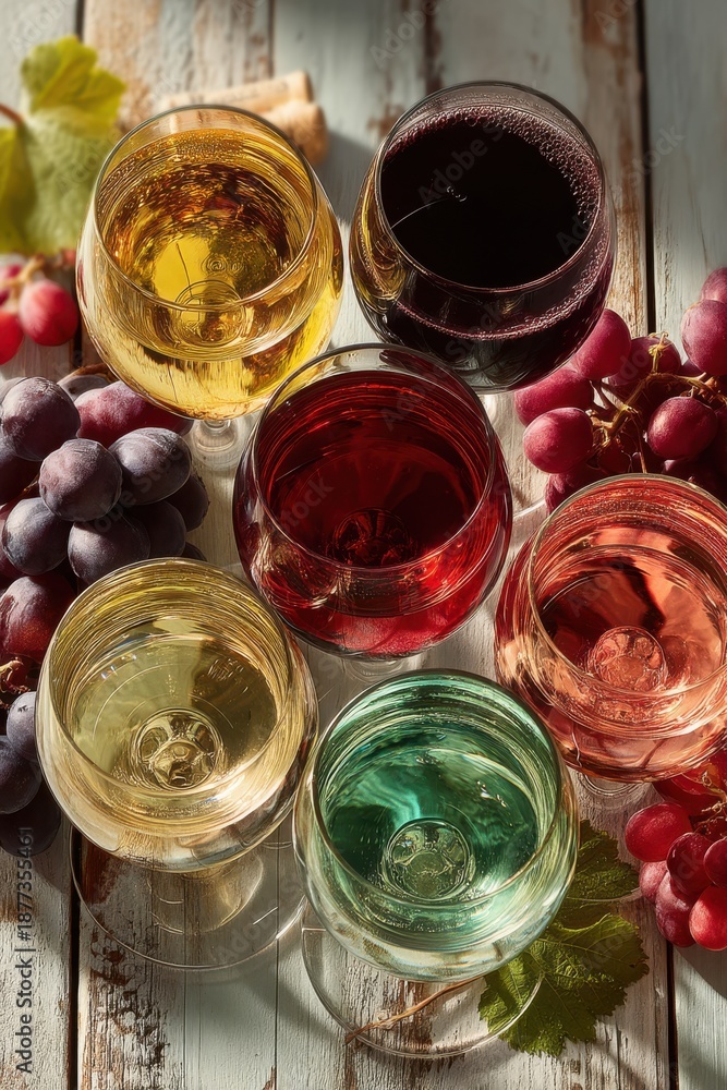 Fototapeta premium Colorful wine glasses with white, red, rosé and green liquids surrounded by grapes on a rustic table