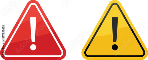 Warning and caution triangle icons set, red and yellow alert symbols, danger notification signs, hazard attention concept, flat vector illustration