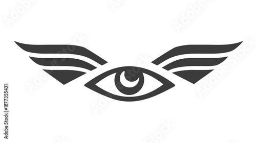 Graphic with an eye, and a pair of wings extending symmetrically to the left and right