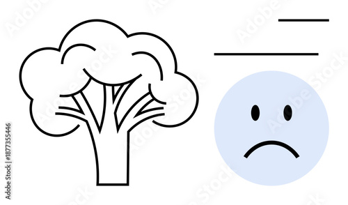 Emotions concept. Sad face visualizing negative feelings alongside a broccoli icon in symbolic minimalistic design. Emotions linked to preferences and choices. For education, health, nutrition