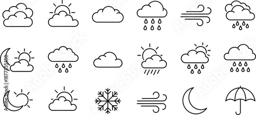 Weather icon set with clouds, rain, sun, wind and snow symbols, minimal line style meteorology graphics isolated on white background