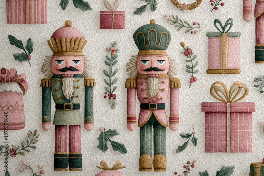 Naklejka premium Watercolor nutcracker pattern with wreaths and festive gifts for holiday decor