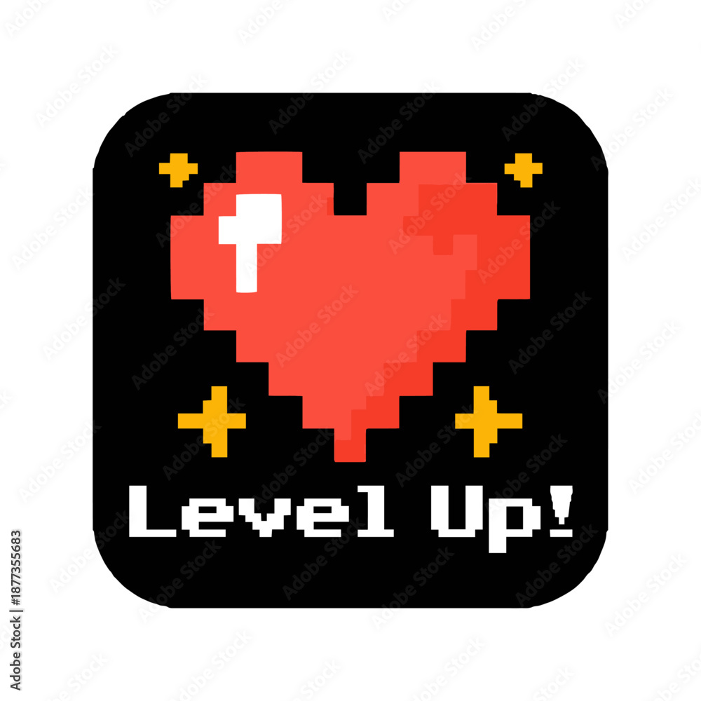 Fototapeta premium Pixel Art Red Heart with Level Up Text Retro Video Game Icon