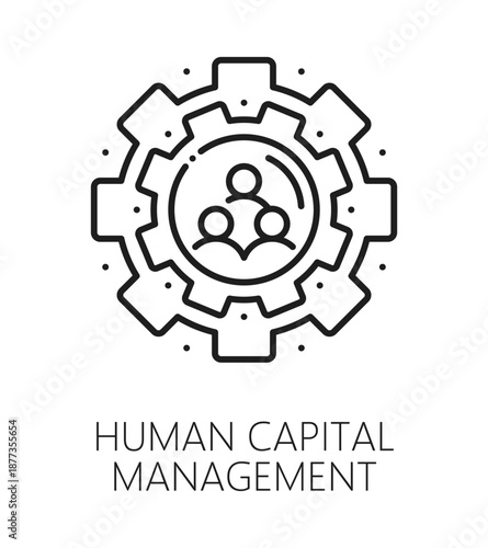 Human capital management ESG line icon or symbol. Company human resources governance linear vector sign, business environmental and social responsibility ESG icon icon with cogwheel and people avatars