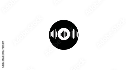 A minimalist icon of a sound wave symbol inside a black circle against a plain white background