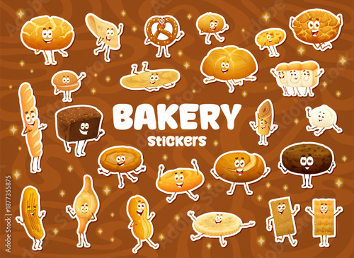Cartoon bread and bakery characters stickers pack, vector pastry food. Loaves of french baguette, brioche bun and wheat toast, cereal grain flatbread and pretzel. Bakery bread and snack characters