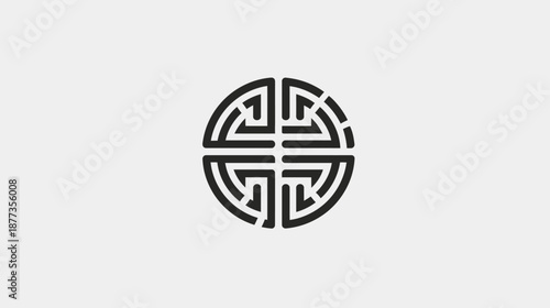 A symmetrical, black geometric design resembling a stylized, four-leaf clover within a circle