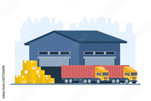 Logistics warehouse concept with packages and container trucks. Freight distribution, cargo handling, and supply chain transportation illustration in modern flat style.