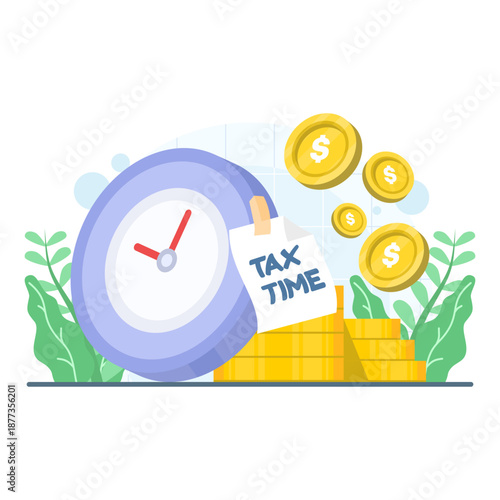 Tax time concept illustration with paper note, clock, and money. Deadline reminder, tax payment, and financial planning concept on isolated background.