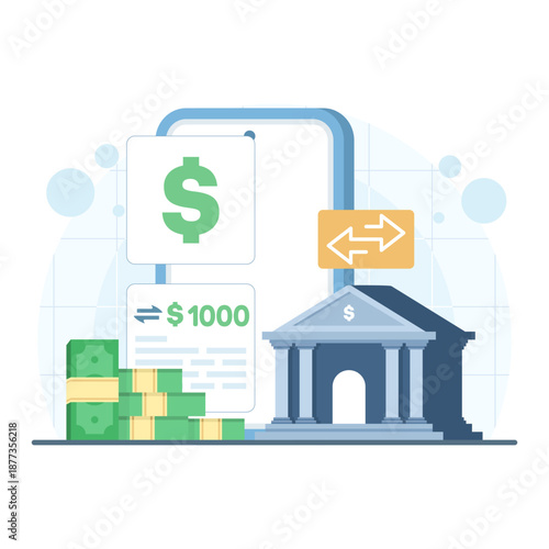 Online mobile banking concept illustration. Digital payments, electronic bill payments, secure transactions, and modern banking app interface design.