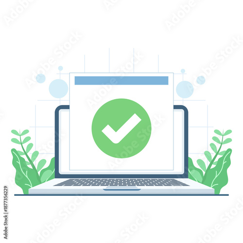 Vector illustration of checkmark symbol showing completed digital task. Online voting approval, quiz success, survey acceptance, and web verification concept.