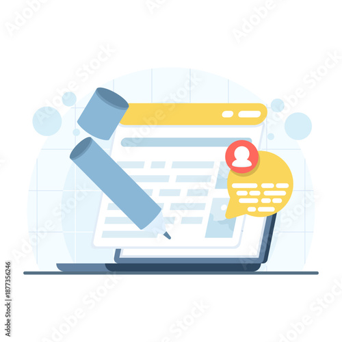 World blogging and media content creation concept. PR agency and digital advertising illustration with laptop, webpage, pencil, and speaker icons in flat style.