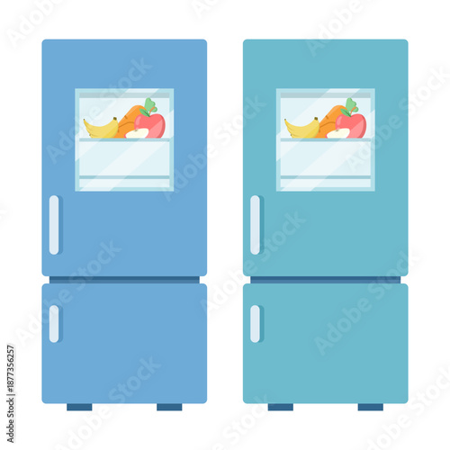 Set of empty closed refrigerators in blue and green colors. Vector illustration of kitchen appliances for food storage, household use, and modern interior design.