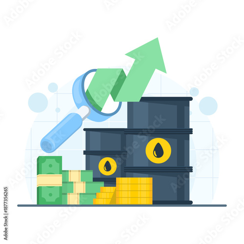 Oil price analysis concept illustration with oil tank, money, and magnifying glass. Energy market research, cost evaluation, and digital marketing analytics on isolated background.