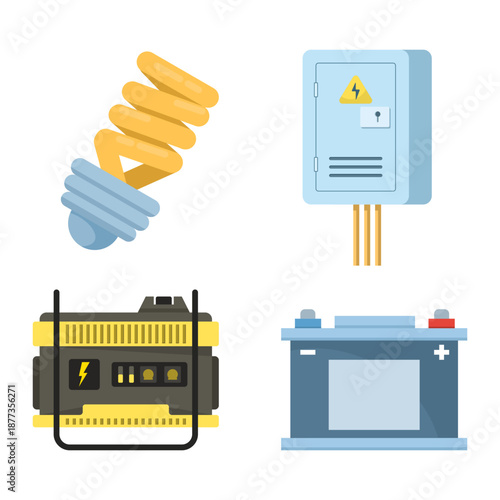 Electrical equipment set illustration with portable power generator, control panel, switches, circuit breakers, battery, and light bulbs. Energy supply and electricity technology concept.