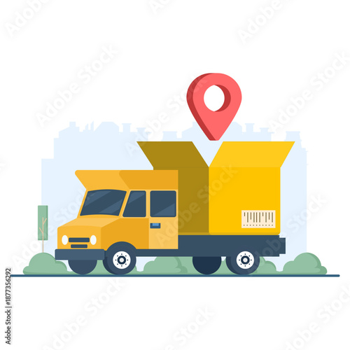 Delivery service concept illustration with transport truck van and open cardboard box. Shipping, logistics, courier service, and digital marketing design.