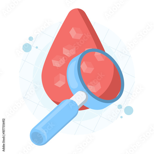Blood glucose concept illustration with magnifying glass and dissolving sugar cubes. Diabetes awareness, high glucose level, and antidiabetic medical symbol.