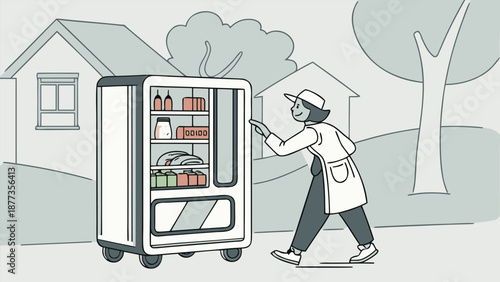 Automated delivery of goods: A woman interacts with an automated delivery unit, showcasing modern convenience and technology innovation. The scene embodies futuristic service and technology for home.