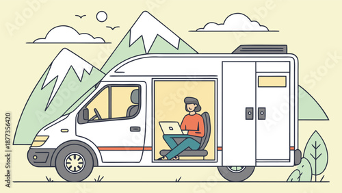 Remote Work Oasis: A person is immersed in their work on a laptop inside a camper van, the mountains and birds visible, suggesting freedom, travel, and the integration of work and leisure.