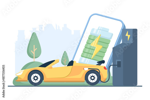 Vector illustration of electric sports car at charging station with smartphone app. Clean energy vehicle, smart charging system, and modern mobility concept.