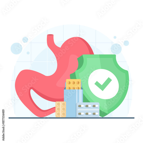 Stomach protection concept illustration with medicine pills and shield icon. Digestive health, gastric care, and medical treatment themes for healthcare design.