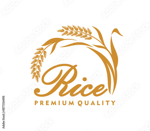 Thai rice ear icon, premium quality food sign. Natural cereal products organic farm vector emblem, healthy food shop sign. Farmer market symbol with ear grain and leaves, handwritten typography