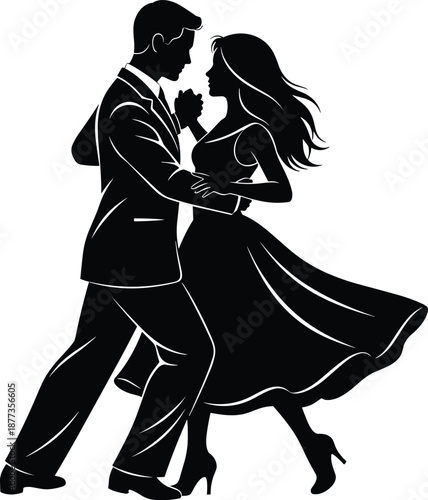 Elegant dancing couple silhouette performing romantic ballroom dance pose isolated on white background for love, wedding, and celebration concepts