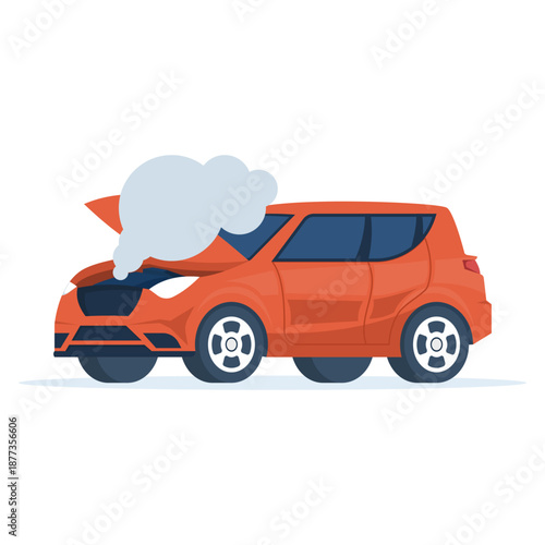 Broken car on roadside with open hood and smoke coming out. Vehicle breakdown, engine trouble, and emergency roadside assistance concept illustration.