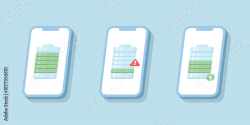 Vector illustration of battery level indicators from empty to full charge. Low battery warning, charging symbol, and energy status concept for digital devices.