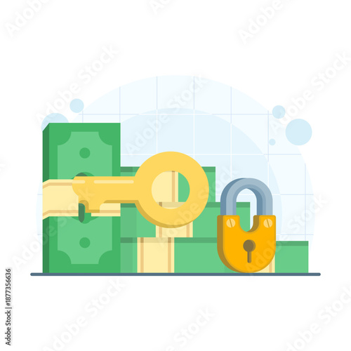 Financial unlock concept illustration with dollar bill, keyhole, and key. Symbol of investment access, financial freedom, secure money, and wealth opportunity.
