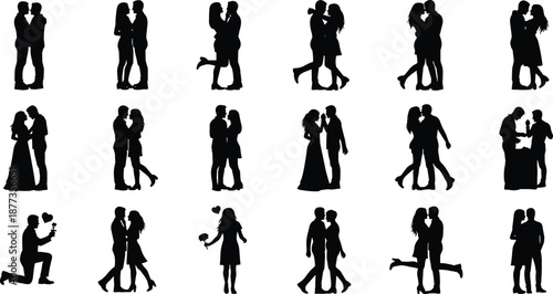 Romantic couple silhouette icon set showing love hugs kisses proposals and dancing poses isolated on white background for relationship wedding design concepts