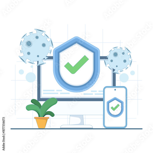 Cyber security and antivirus protection illustration showing device safety, data protection, malware defense, and secure digital technology concepts.