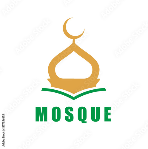 Arabian muslim mosque graphic icon or sign. Arab Quran label, Muslim religion graphic vector emblem. Islamic culture center abstract icon or Islam mosque symbol with graphic crescent on mosque dome