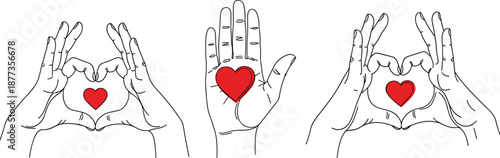 Hand gesture heart illustration set showing love sign language palms and fingers forming hearts with red symbols isolated on white background