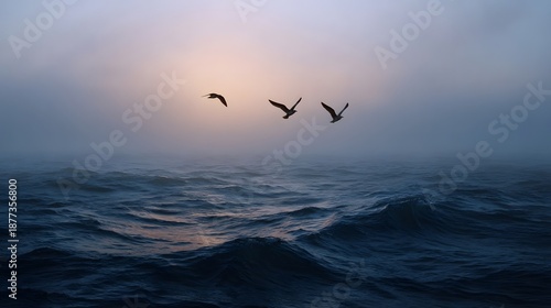 Three seagulls fly over a misty ocean at dawn with soft light illuminating the waves