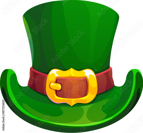 Cartoon green leprechaun hat with a wide brim, brown belt and golden buckle, symbolizing st Patrick day and Irish folklore. Vector traditional headwear represents luck, and festive celtic celebrations