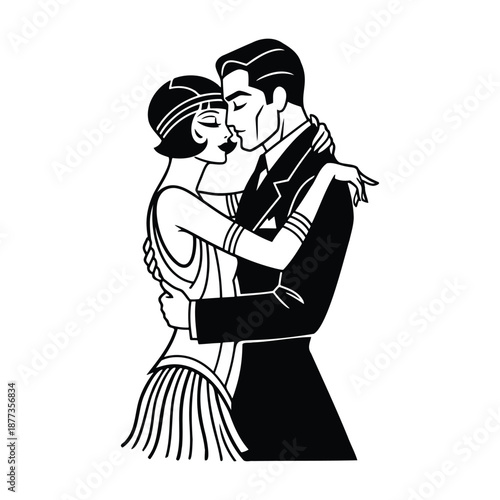 Couple dancing romantic 1920s style black and white illustration