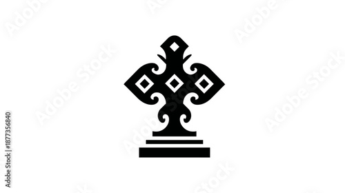A black, ornate cross with diamond shapes in a symmetrical design on a white background