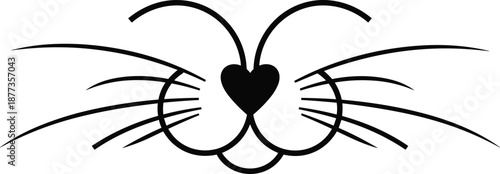 Cute cat whiskers icon with heart shaped nose in minimal line art style isolated on white background for pet love designs