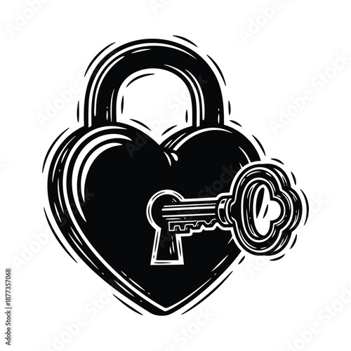 Heart shaped padlock with key in lock isolated vector illustration