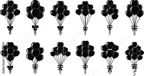 Heart balloon bouquet silhouette icon set with bows and strings in black isolated on white background for celebration romance party designs