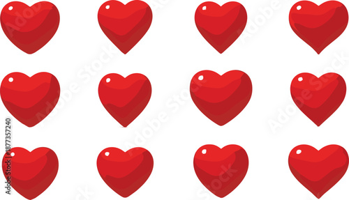 Glossy red heart icon set in multiple shapes and angles isolated on white background for love romance valentine design concepts