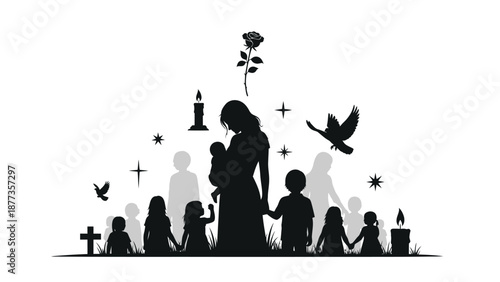 Mother and children in silhouette at memorial or cemetery with candles flowers and birds symbolizing love loss and remembrance