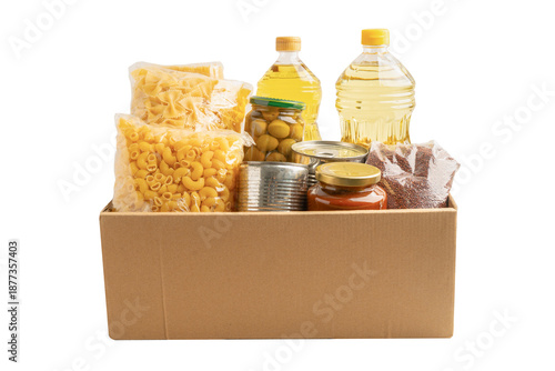 Foodstuffs in donation box isolated on white background with clipping path.