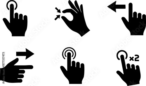 Touchscreen hand gesture icon set including tap pinch swipe and long press Pure black silhouettes isolated on white background