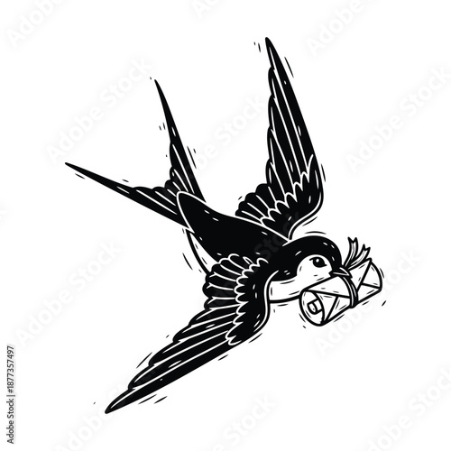 Tattoo style swallow bird carrying rolled up letter with string seal