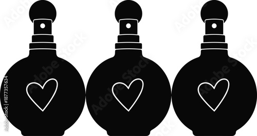 Minimal perfume bottle icon set with heart symbol in black silhouette style isolated on white background for beauty branding designs